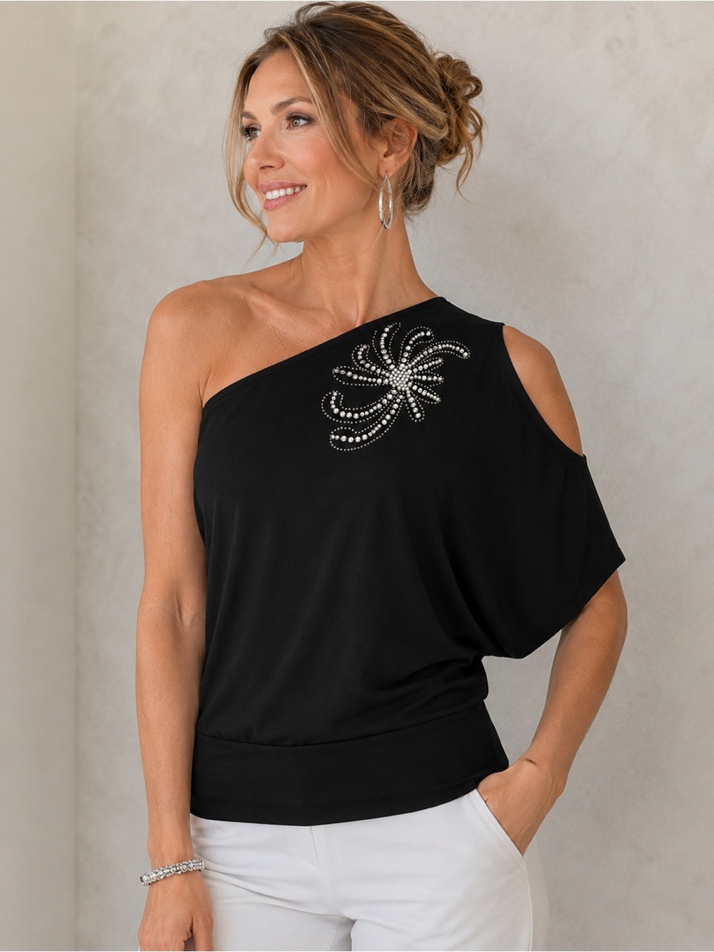 CMC One-Shoulder Black Embellished Women's Top -Size M